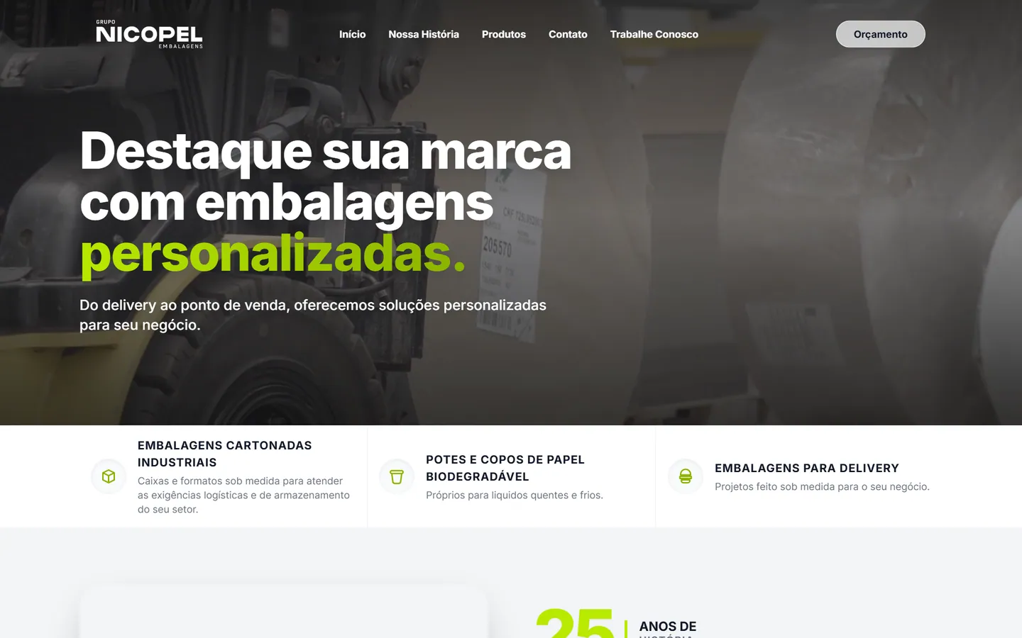 Site institucional da Nicopel Embalagens, no ar, capturado em tela cheia